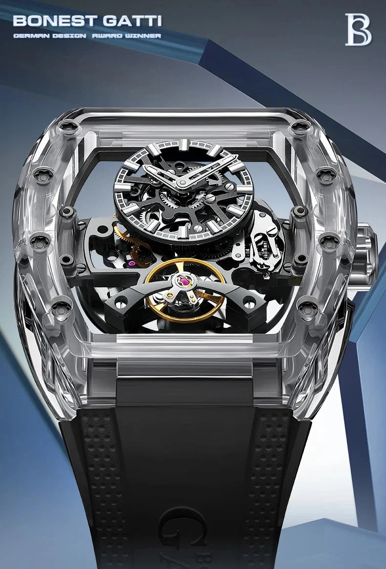 BONEST GATTI 2025 New Men Automatic Watch Tonneau Mechanical Wristwatch Acylic Case Sapphire Lume Hollow Out Dial Fluororubber