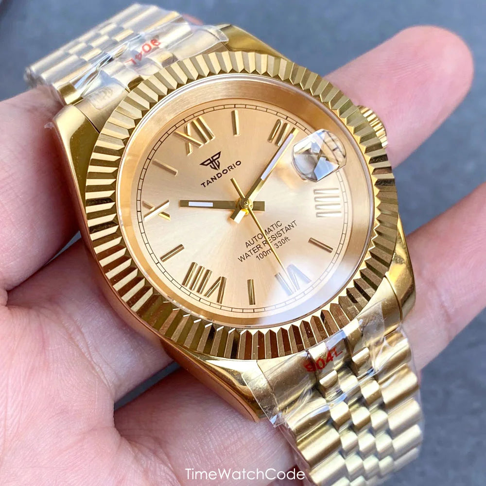 Montre automatique de luxe Tandorio Business pour homme, mouvement NH35A, cadran classique à chiffres romains, lunette cannelée, verre saphir, 36/39 mm