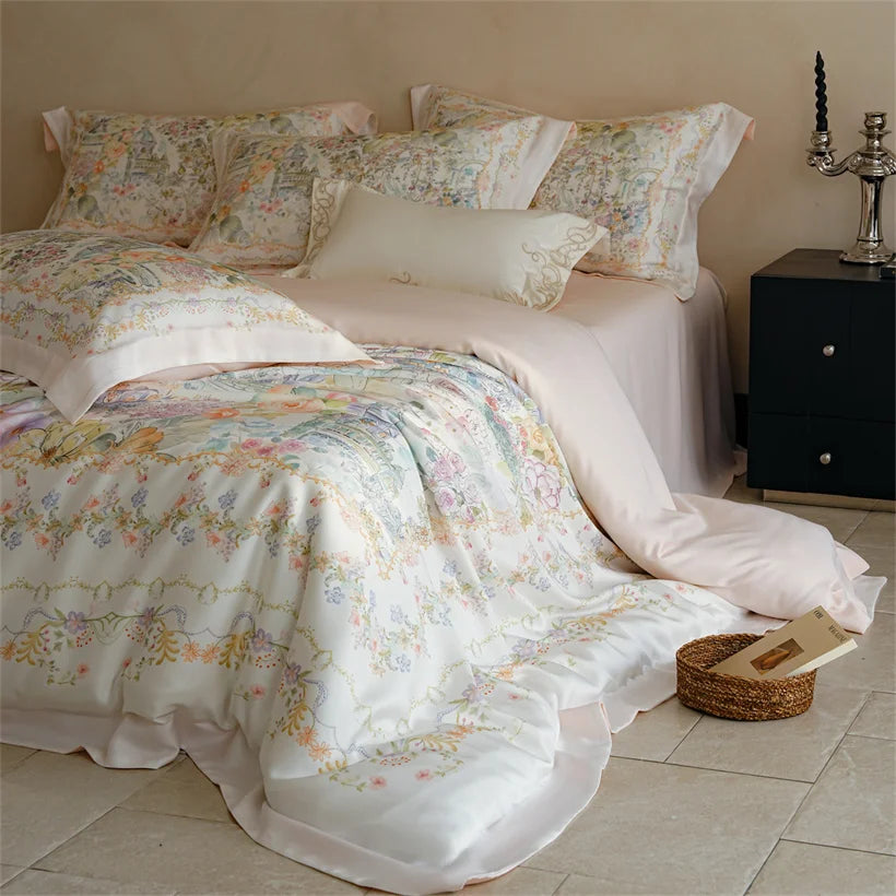 Luxury 22mm Mulberry Silk Bedding Set Romantic Floral Duvet Cover Pillowcases Bed Sheet Set Luxury Bed Linen King Queen Size