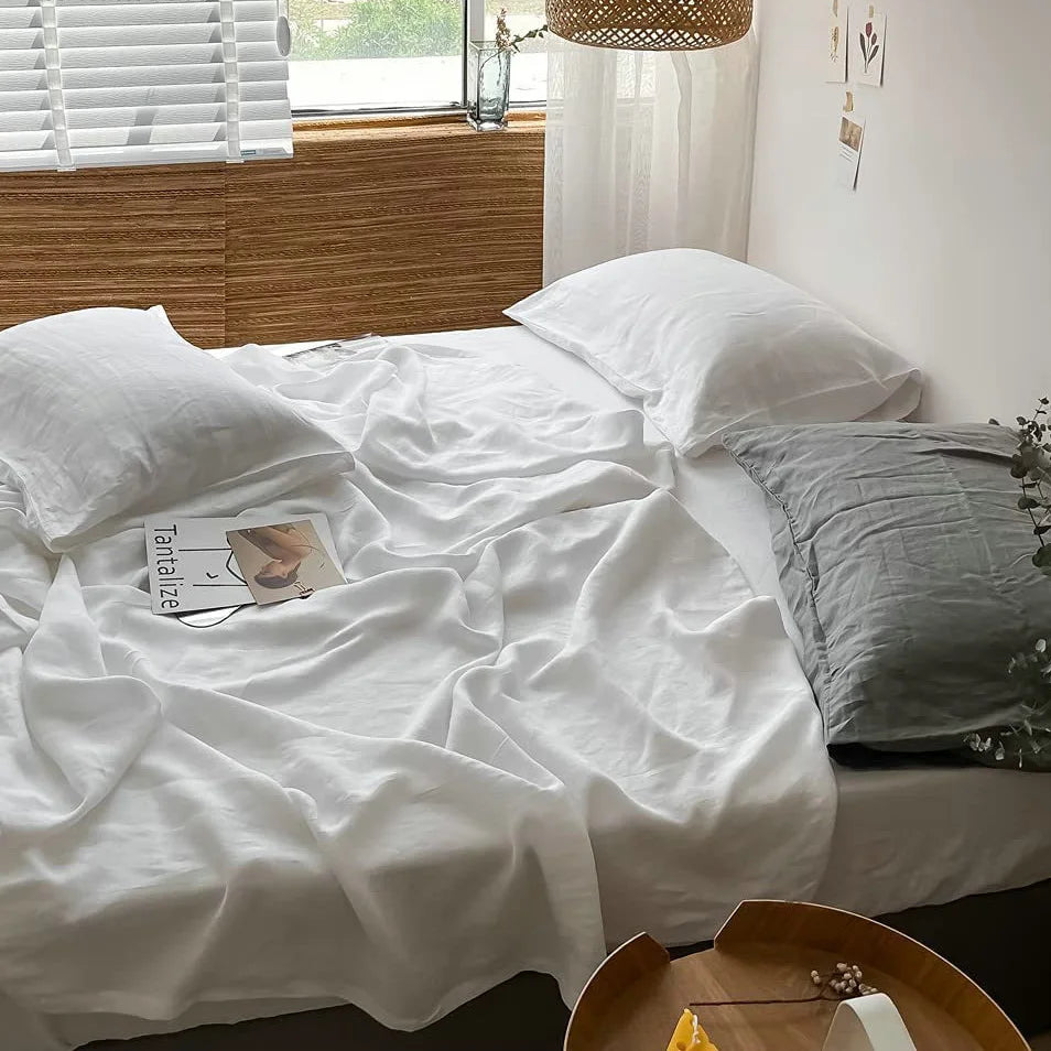 100% Linen Soft Bed Sheets, Queen Size Sheets Set,Bedding Set 1 Deep Pocket Fitted Sheet + 1 Flat Sheet + 2 Pillowcases