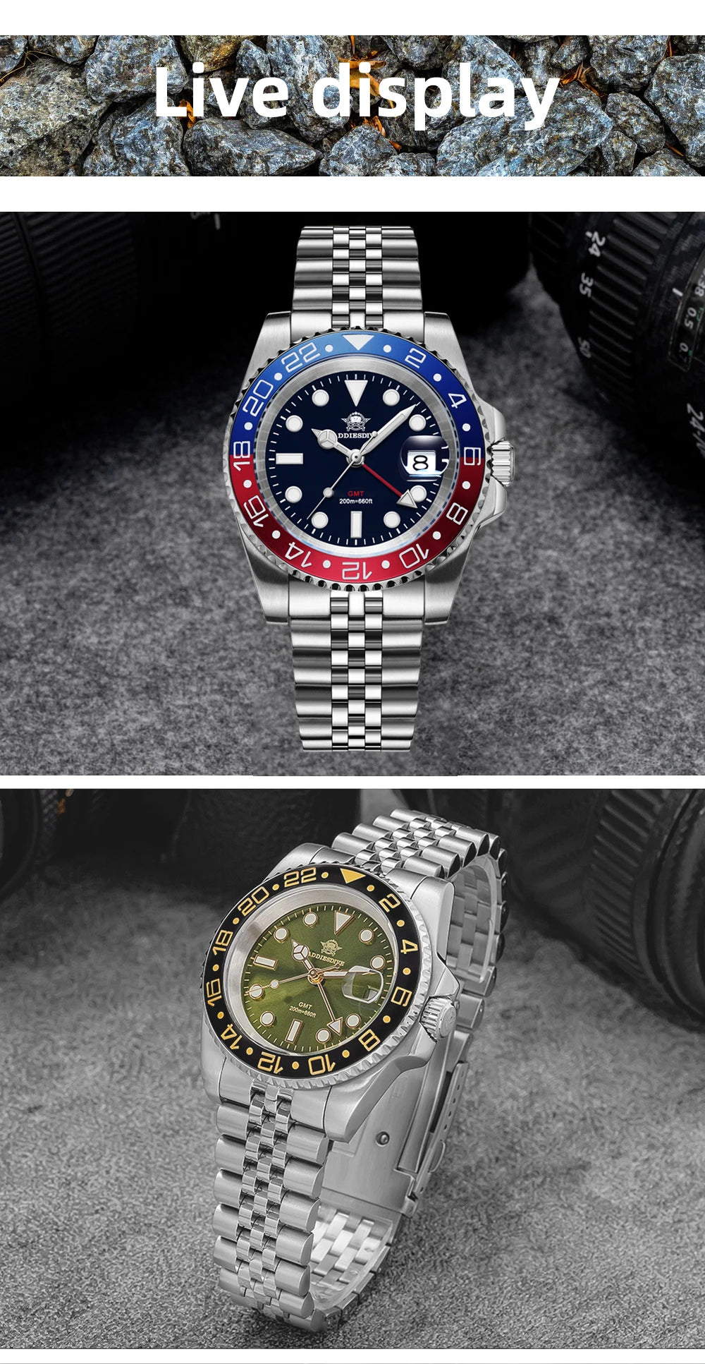 ADDIESDIVE AD2050 Men GMT Watch Swiss Ronda 515-24 BGW9 Super Luminous 20Bar Waterproof reloj 316L Stainless Steel Quartz Watch