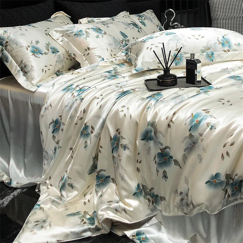Floral Silk Bedding Set with Duvet Cover Bed Sheet Pillowcase Luxury Couple Single Double King Queen Soft Bedsheet Nordic Smooth