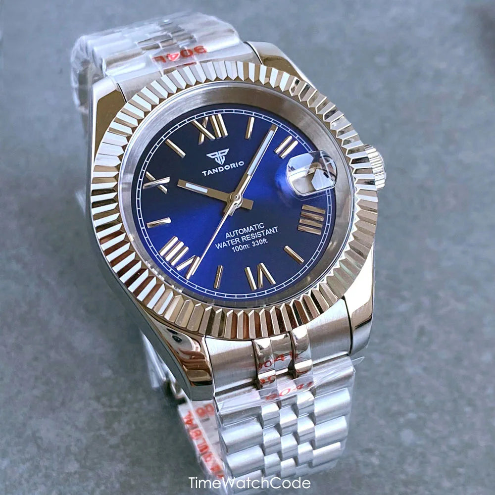 Montre automatique de luxe Tandorio Business pour homme, mouvement NH35A, cadran classique à chiffres romains, lunette cannelée, verre saphir, 36/39 mm