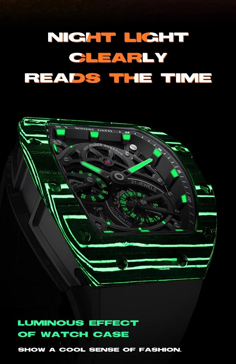 BONEST GATTI Men Automatic Movement Mechanical Watch Carbon Fiber Bezel Tonneau Luminous Case Fluororubber Strap Watches For Men