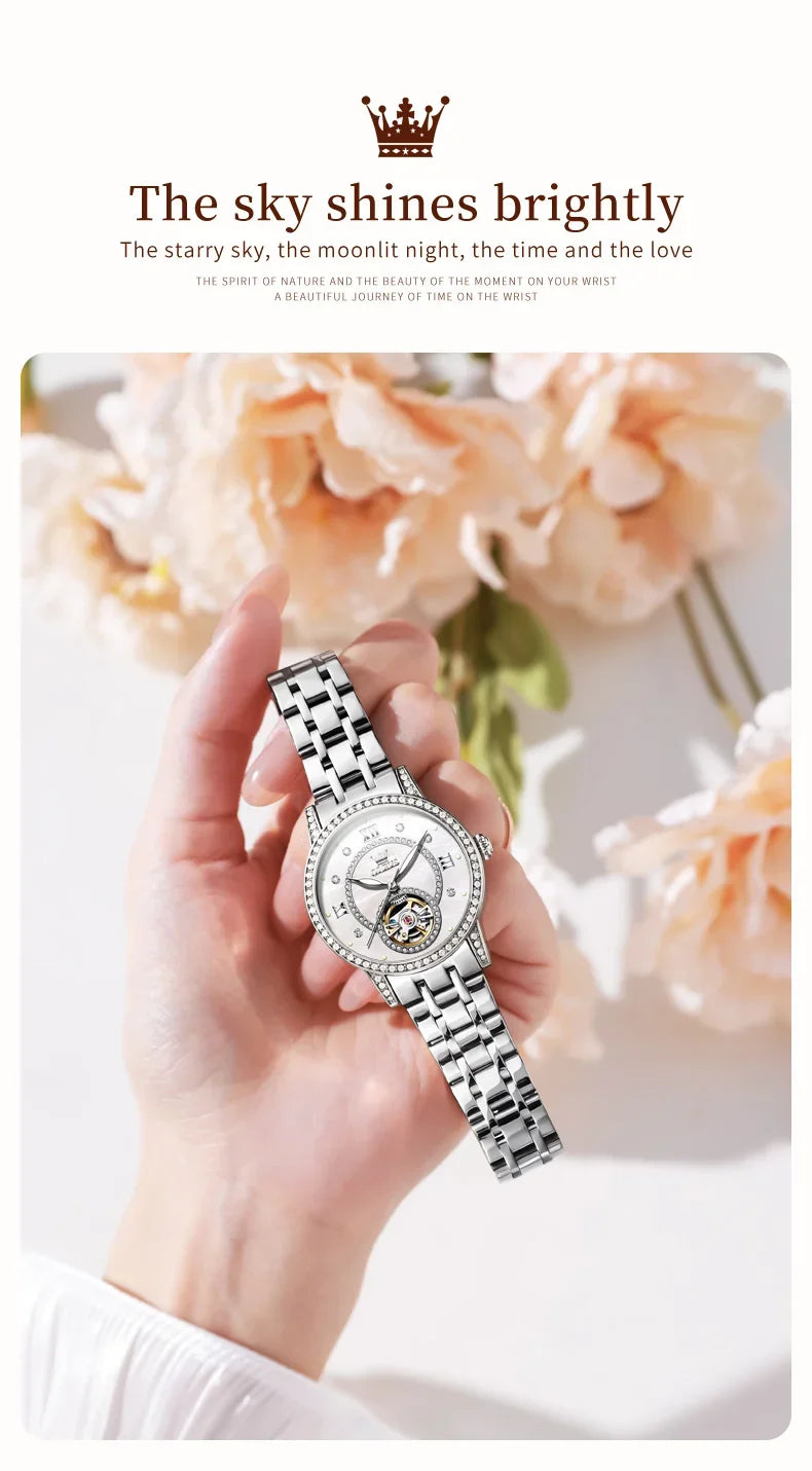 OLEVS Hollow Women's Watch Fully Automatic Mechanical Watch Luxury Diamond Inlaid Starry Sky Elegant Women's Brand Watch  7036