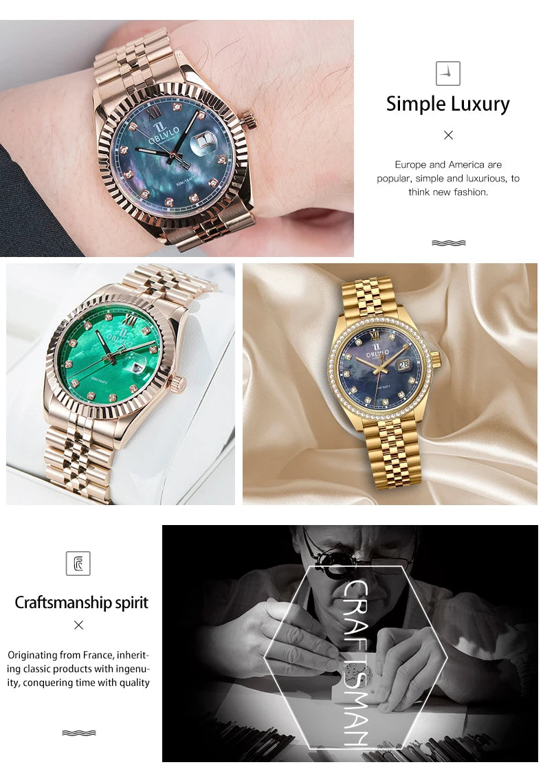 OBLVLO Men's Elegant Yellow Gold Red Dial Bracelet Quartz Watch with Date Fashion Green Dial Business Watches for Men RX-PE