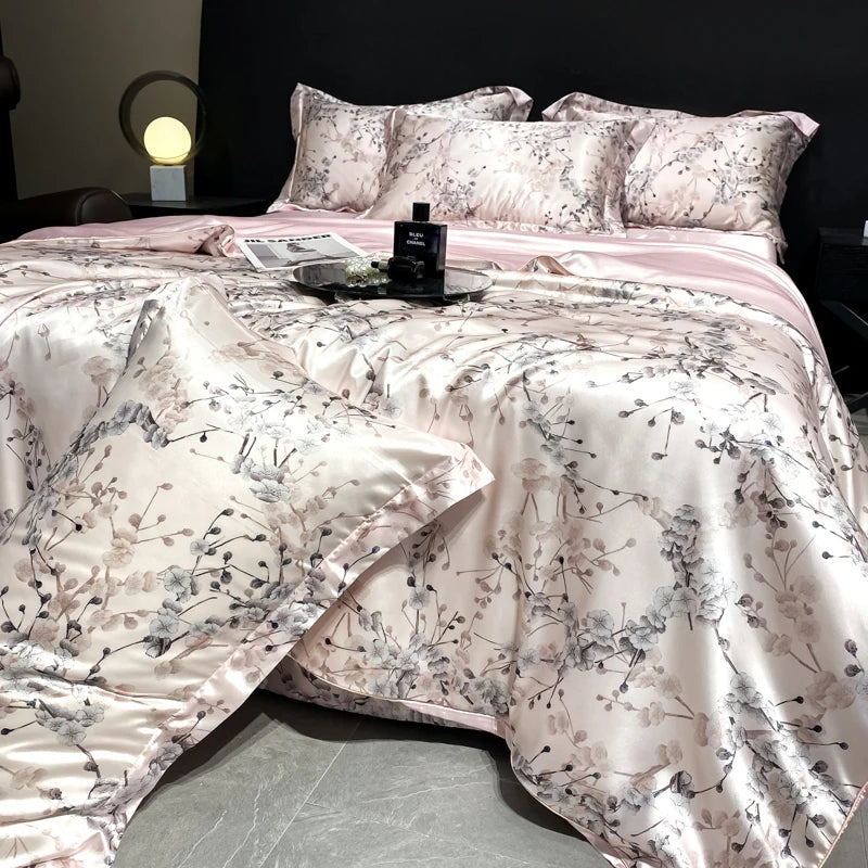 2025 new high-end luxury silky Sleeping naked digital printing washed silk style Bedding Set Duvet Cover Bed Sheet Pillowcases