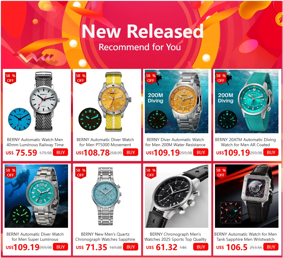 BERNY Automatic Diver Men Watch 200M Waterproof Miyota 8215 Sappire AR Coated Silicone Sports Swim Wristwatch Men's Diver Watch