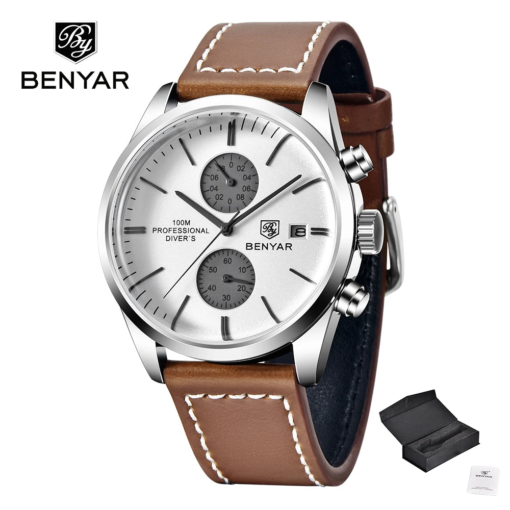 BENYAR Men Quartz Wristwatches Luxury Brand Chronograph Leather Sports Watch For Men Military 100M Waterproof Reloj Hombre 2023