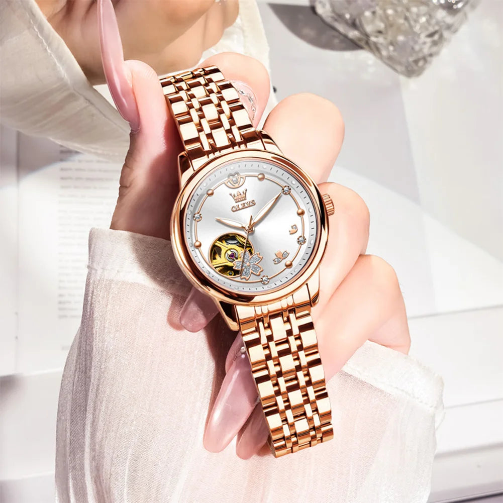 OLEVS Original Rhinestone Flower Design Watch Women's Luxury Rose Gold Watch Wine Red Automatic Mechanical Watch Birthday Gift