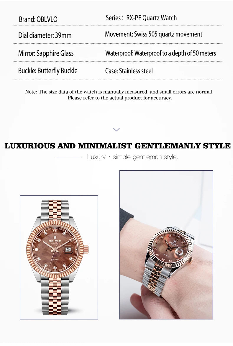 OBLVLO Men's Elegant Diamonds Bezel Two Tone Bracelet Quartz Watch with Date Fashion MOP Dial Business Watches for Men RX-PE-D