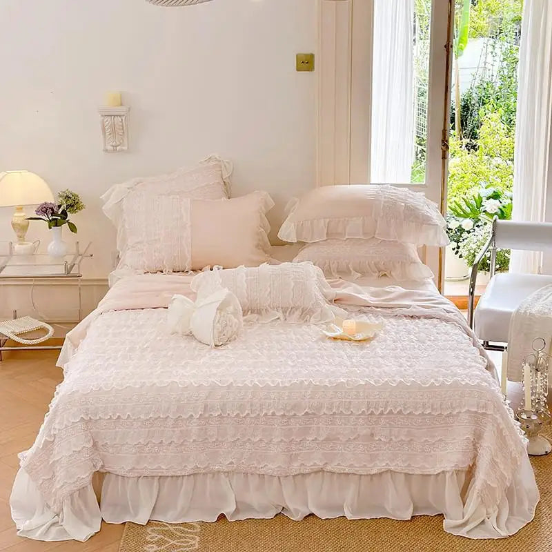 100%Eucalyptus Lyocell Cream White Lace Soft Silky Textured Wrinkle-Free Summer comforter Blanket 1Pc Flat sheet 2Pillow shams
