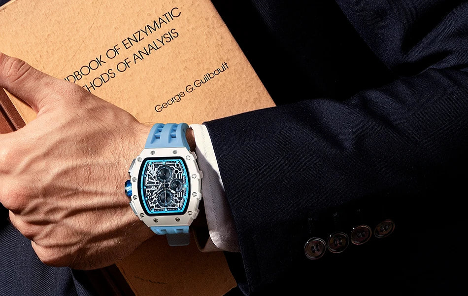 TSAR BOMBA Resin Watch for Men Tonneau Waterproof Mens Watches Top Brand Luxury Chronograph Sport Male White Wristwatches