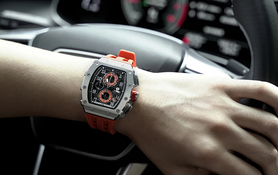 TSAR BOMBA Tonneau Mens Watches Sapphire Crystal Red Wristwatch Waterproof Chronograph Date Clock Luxury Christmas Gift for Men
