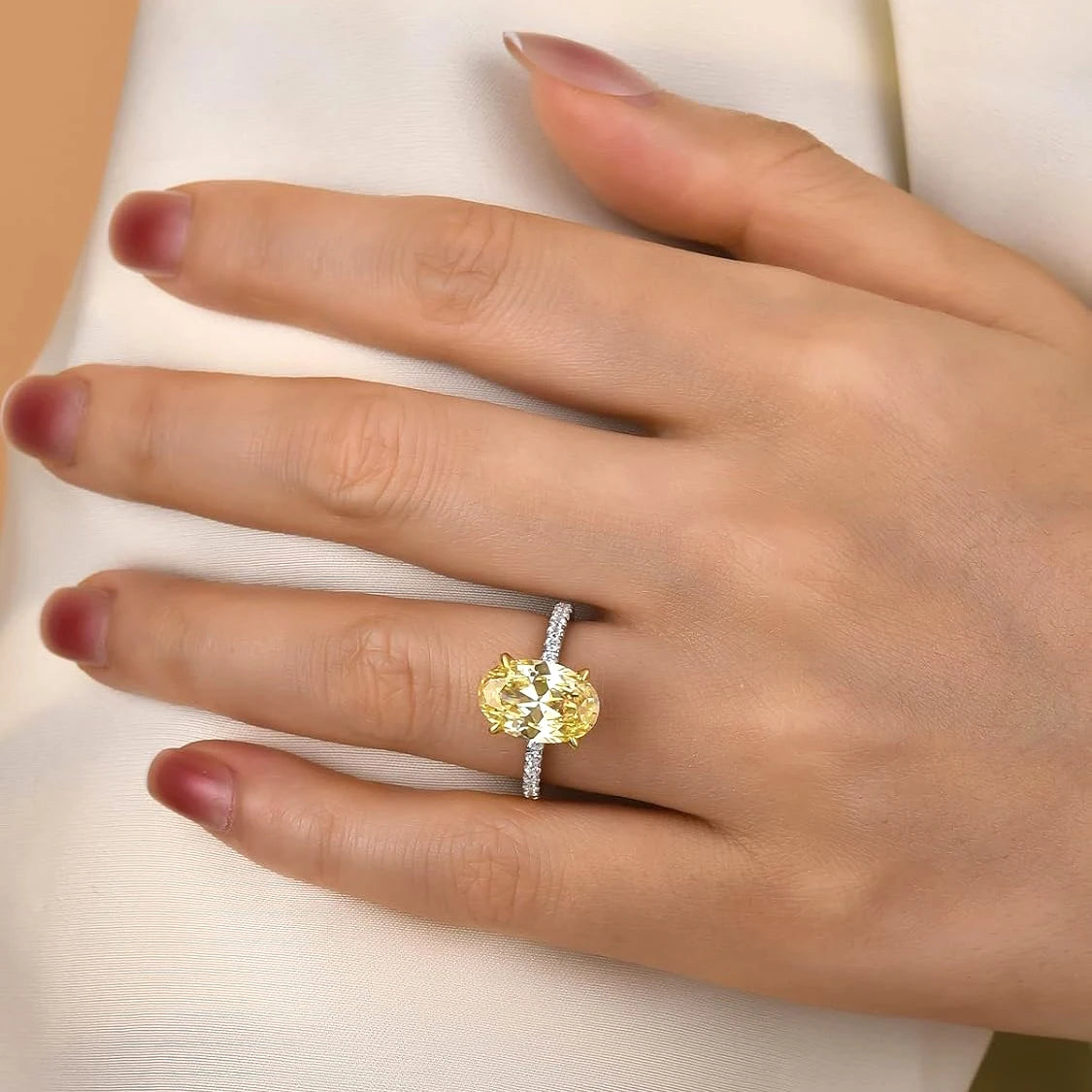 FIRERING 100% S925 Silver 8x12MM Yellow High Carbon Diamond Ring, Women's Eternal Jewelry Gift