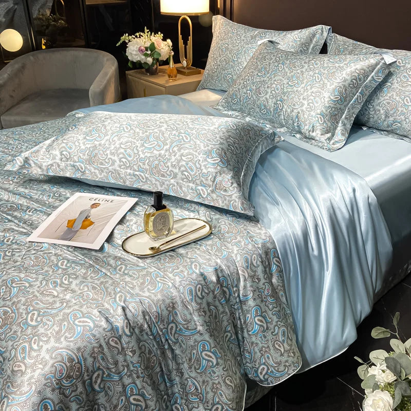 Floral Silk Bedding Set with Duvet Cover Bed Sheet Pillowcase Luxury Couple Single Double King Queen Soft Bedsheet Nordic Smooth
