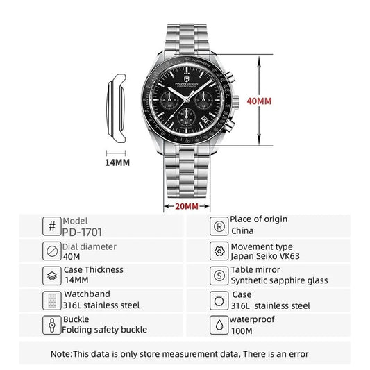 PAGANI DESIGN 2025 New Men's Watches Top Brand Luxury Quartz Watch For Men Date Speed Chronograph VK63 Stainless steel PD-1701