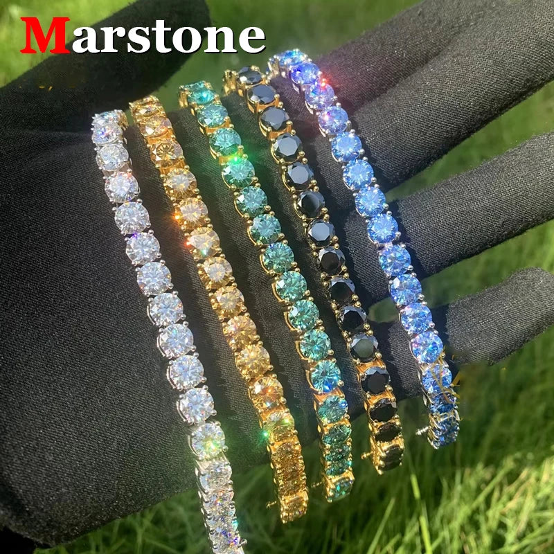 3MM Pink Full Moissanite Tennis HipHop Blue Green Yellow Purple Bracelet S925 Sliver Plated White Gold Bracelet for Women Men
