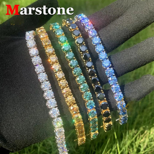 3MM Pink Full Moissanite Tennis HipHop Blue Green Yellow Purple Bracelet S925 Sliver Plated White Gold Bracelet for Women Men