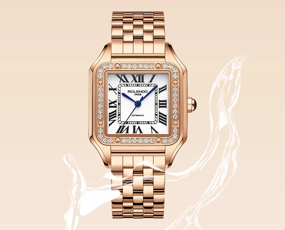 ROLENDO Luxury Gold Square Watch for Santos 33mm Diamond-Set Sapphire Crystal Roman Scale 5ATM Women's Automatic Wristwatch Gift