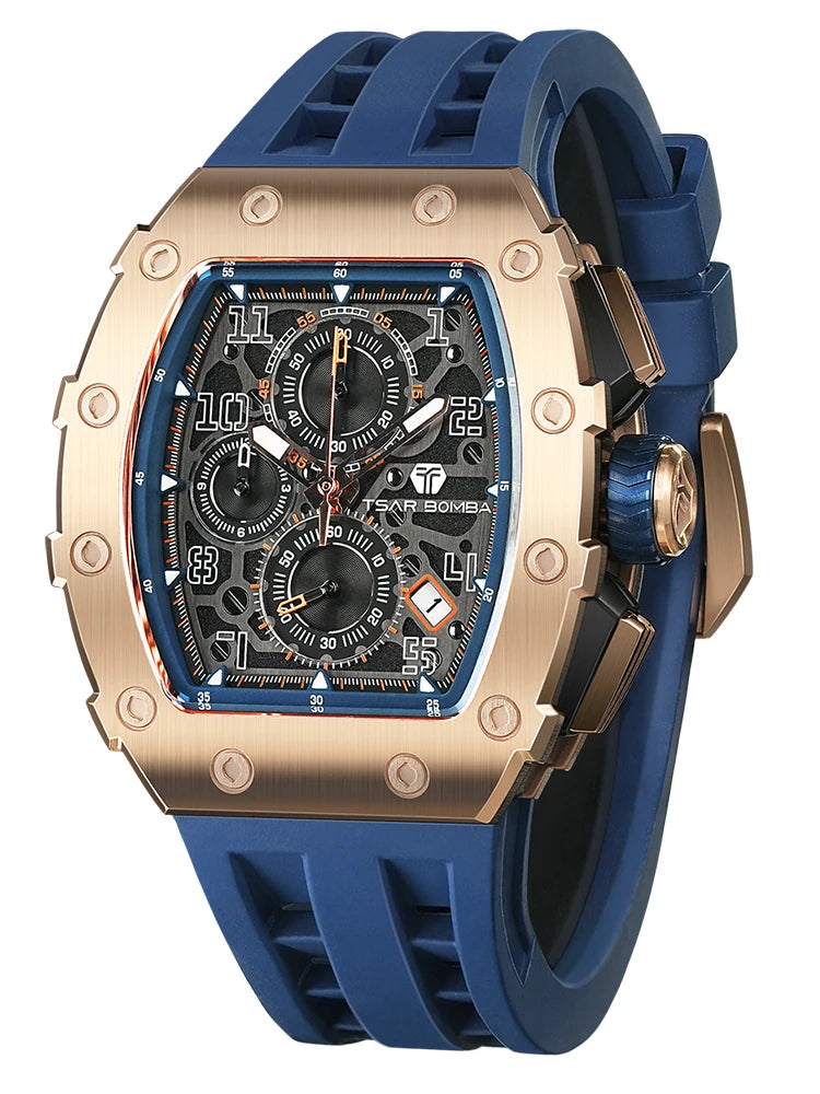 TSAR BOMBA Watch for Men Top Brand Luxury Waterproof Quartz Wristwatch Tonneau Clock Gift Chronograph Rectangle Mens Watch