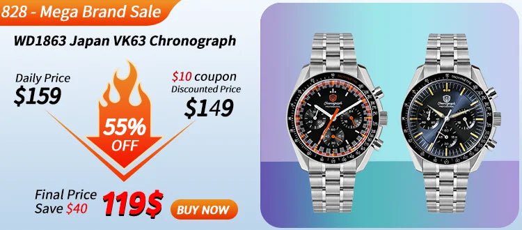 Watchdives WD1863 Quartz Watch VK63 Chronograph Movement Bubble Sapphire Crystal 10Bar Waterproof Luminous 39mm Vintage Watches