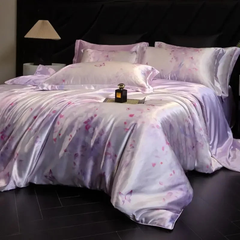 100% Natural Mulberry Silk Fitted Sheet Bedding Sets 3D Printed Satin Cooling Quilt Cover Set for Summer Single Double Bed Kit