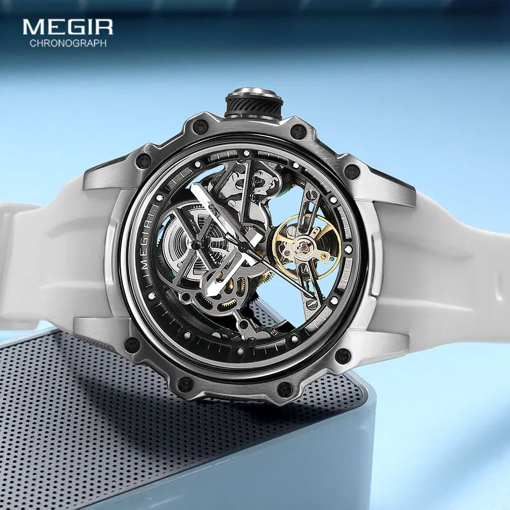 MEGIR Skeleton Dial Automatic Mechanical Watch Men Stainless Steel Case Waterproof Luminous Sport Wristwatch with Silicone Strap