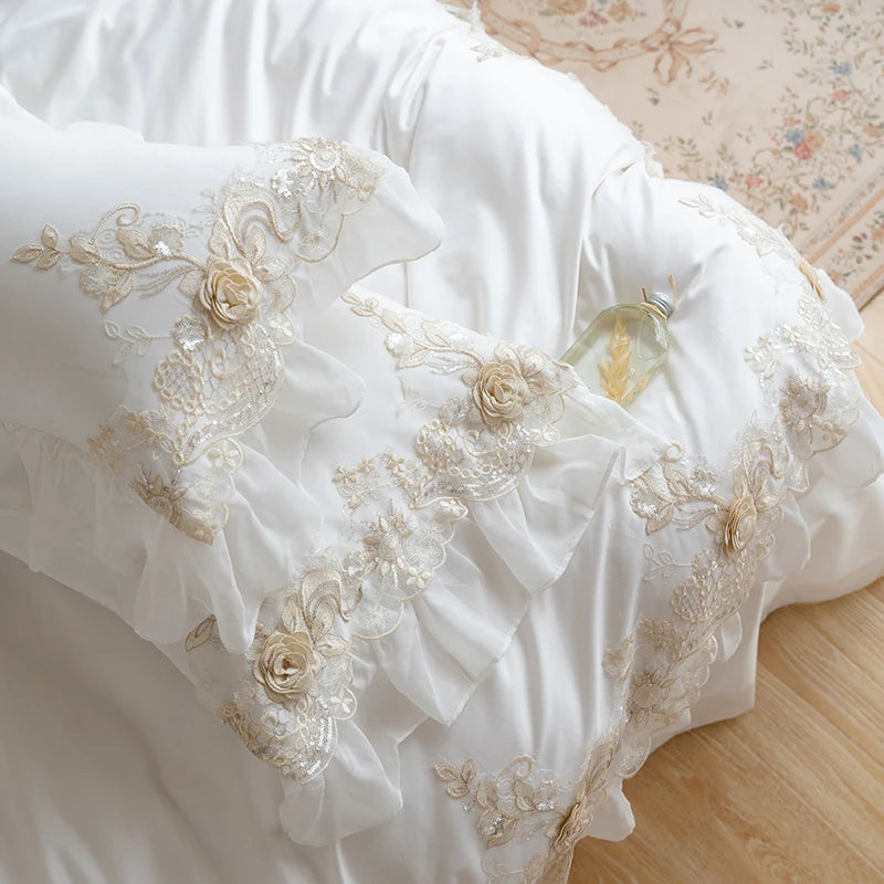 White Lace Embroidery Princess Bedding Set Luxury High End France Style Egyptian Cotton Duvet Cover Sets Bed Sheet Pillowcases