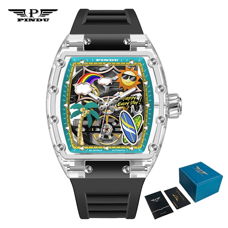 New PINDU Watch Unique Dial Design Style Men Mechanical Watch Summer Beach Fashion Watch Glowing Waterproof Resin silicone strap