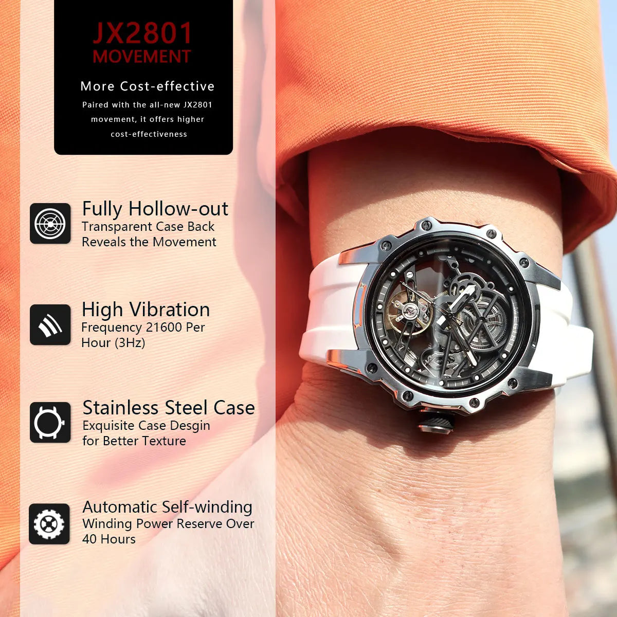 MEGIR Skeleton Dial Automatic Mechanical Watch Men Stainless Steel Case Waterproof Luminous Sport Wristwatch with Silicone Strap