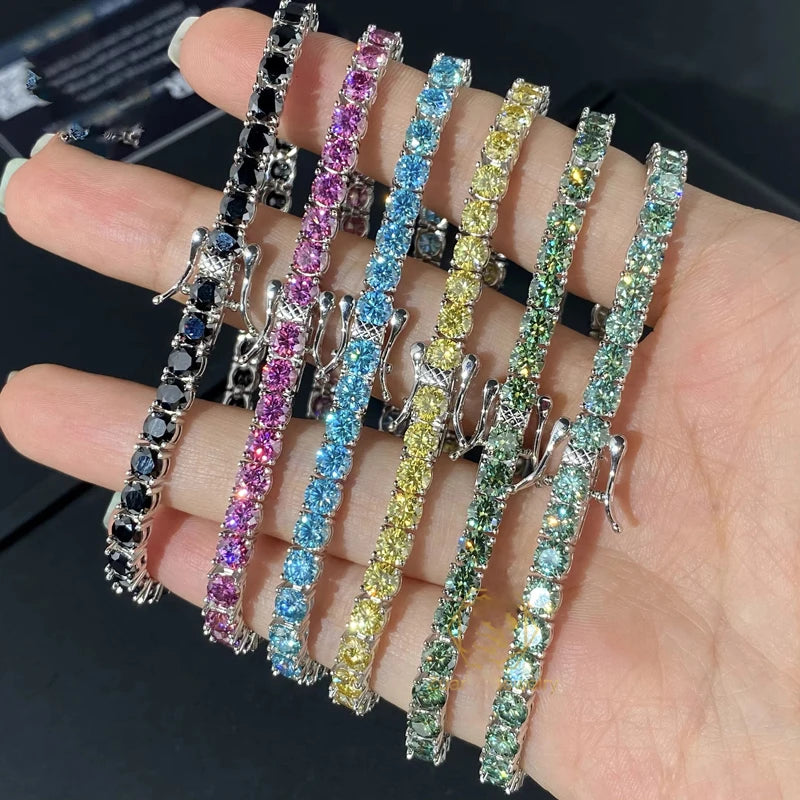 3MM Pink Full Moissanite Tennis HipHop Blue Green Yellow Purple Bracelet S925 Sliver Plated White Gold Bracelet for Women Men