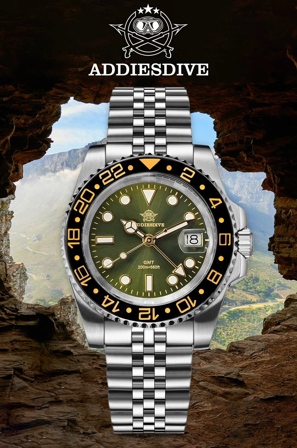 ADDIESDIVE AD2050 Men GMT Watch Swiss Ronda 515-24 BGW9 Super Luminous 20Bar Waterproof reloj 316L Stainless Steel Quartz Watch