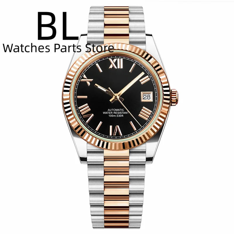 BLIGER 36mm39mm Two-tone Rose Gold Black Dial Watch For Men Date Fluted Bezel Sapphire Glass Rose Roman Index Jubille Bracelet