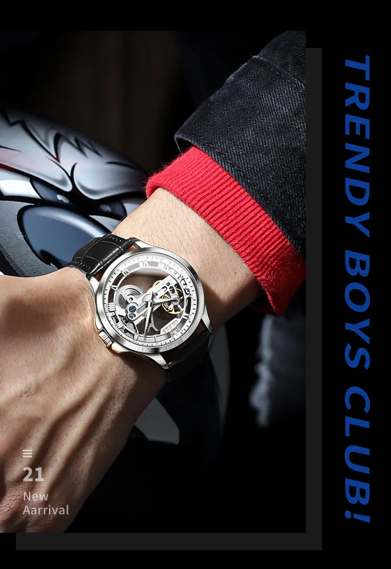 OLEVS Trend Fashion Men's Watches Casual Leather Strap Hollow Out Self-winding Movement Original Automatic Mechanical Wristwatch