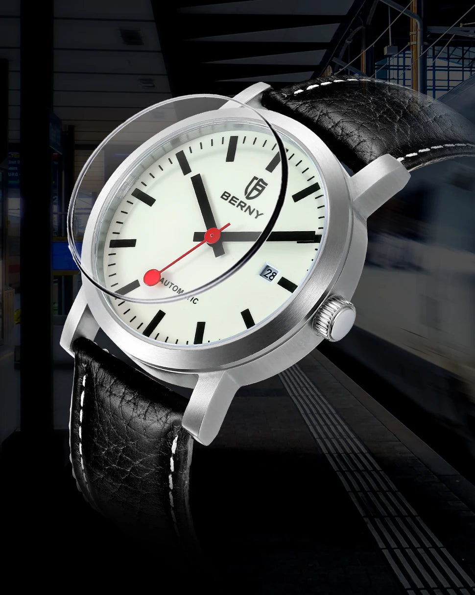 BERNY Watch for Men Automatic Self-Wind Luxury Watch Sappire MIYOTA 8215 Top Luminous 5ATM Mechanical Railroad Wristwatch
