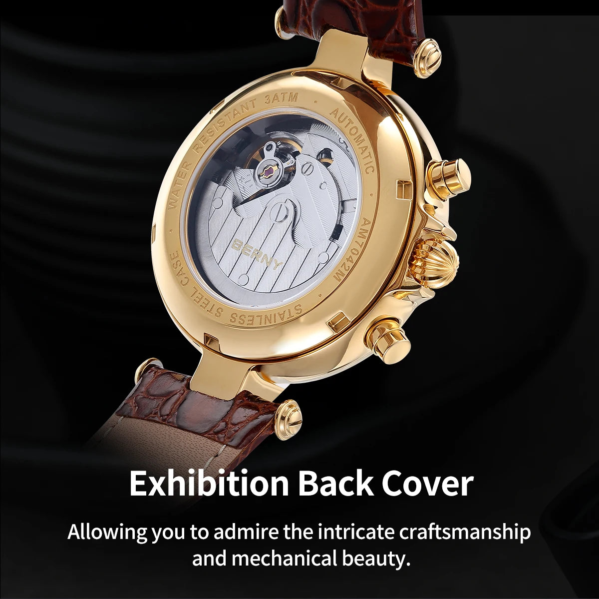 BERNY Retro-Automatikuhr für Herren mit Sonnen- und Mondphasenanzeige, luxuriöse mechanische Armbanduhr, leuchtende Möwe ST1652, klassische Herrenuhr