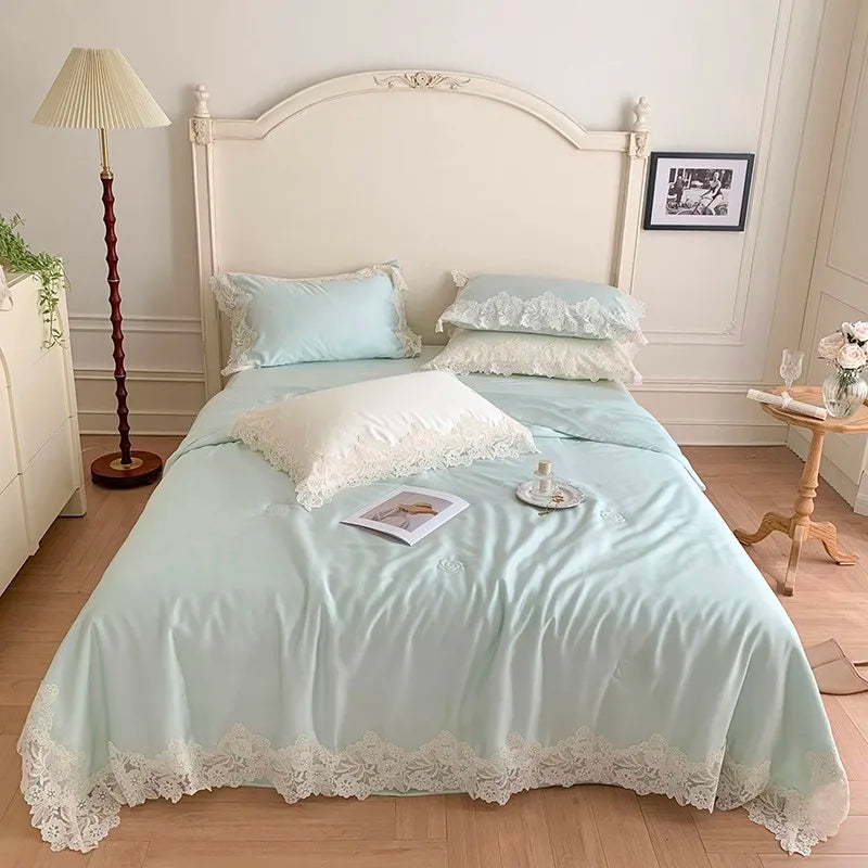 100%Eucalyptus Lyocell Cream White Lace Soft Silky Textured Wrinkle-Free Summer comforter Blanket 1Pc Flat sheet 2Pillow shams