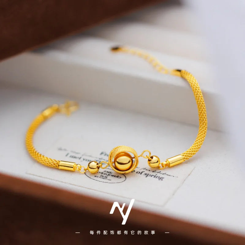 Women's Bird's Nest Lucky Bead Bracelet, 24K Gold, AU999 | "Stability" engraving with branch motifs, subtle professional charm.