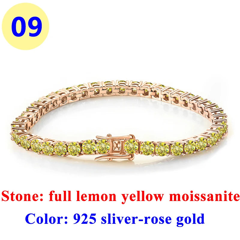 3MM Pink Full Moissanite Tennis HipHop Blue Green Yellow Purple Bracelet S925 Sliver Plated White Gold Bracelet for Women Men