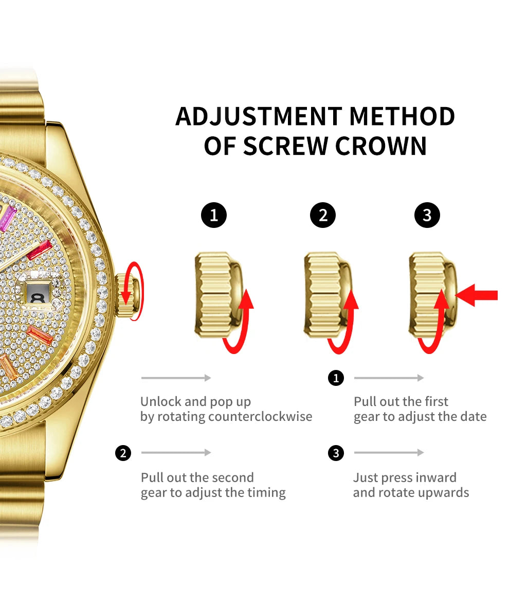 X-GEAR Men Luxury Watches Full diamond dial Diamond bezel Mechanical Watch Luminous Date Week Display Stainless Steel Case Strap