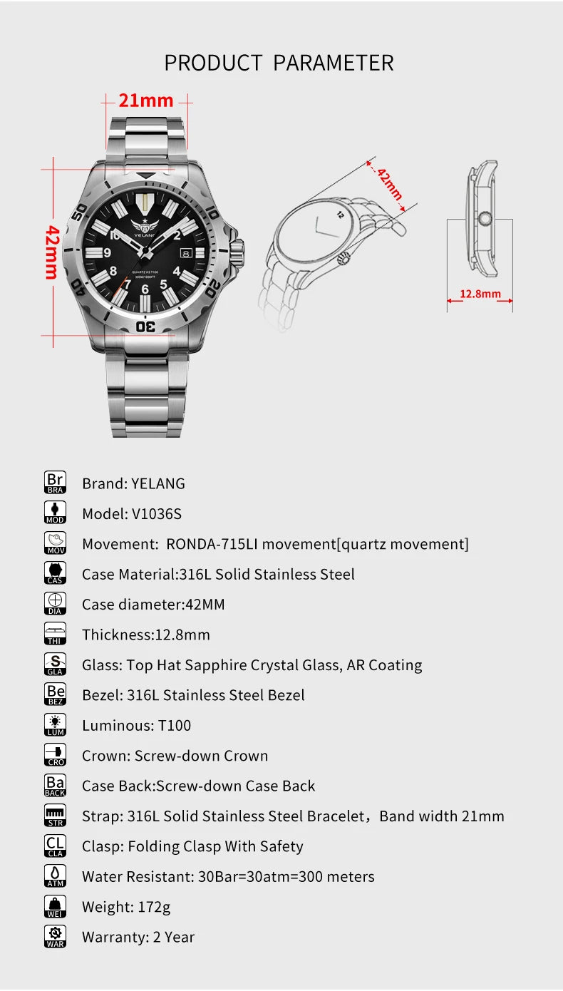 YELANG  V1036 42mm Men Quartz Watch Luminous 10 Years Lithium Movement Rotated Dial 30ATM 300m Waterproof Military Style Watches