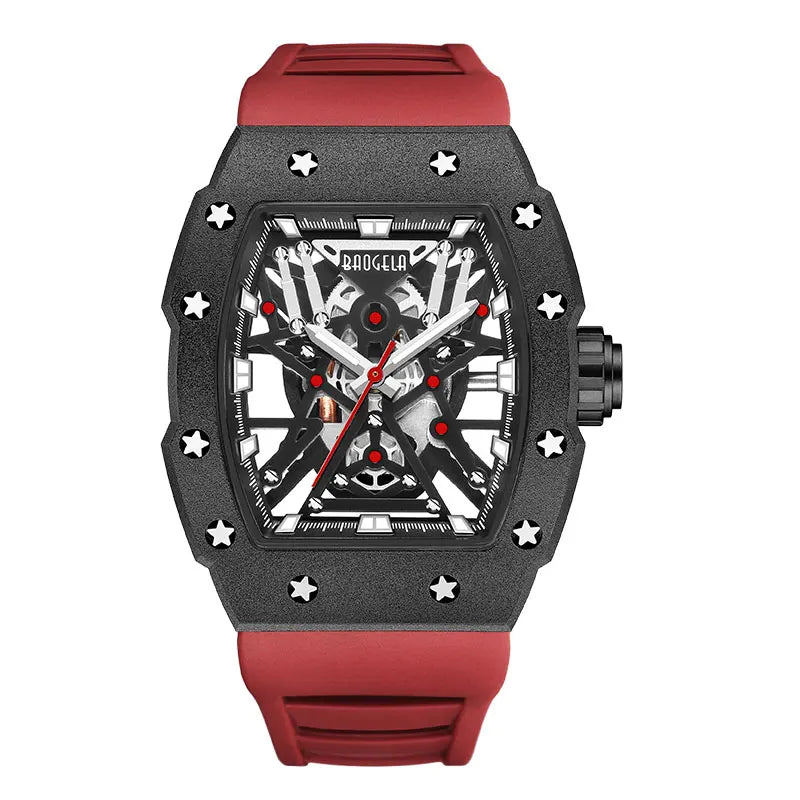 BAOGELA Black Stainless Steel Watch Men Military Sport Analog Quartz Wristwatch with Silicone Strap Luminous Hands Relogio 4147