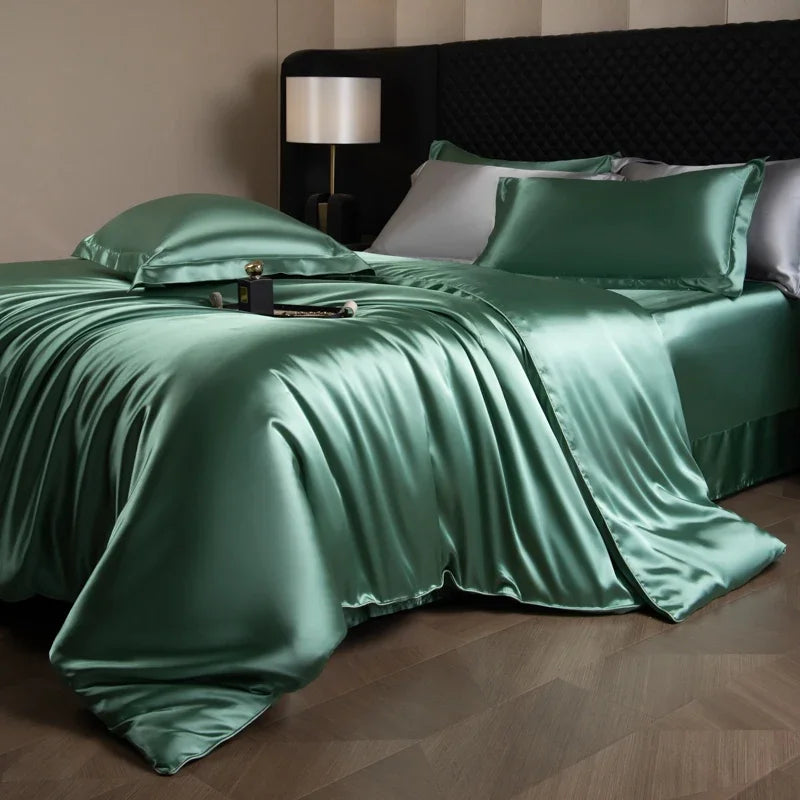Silk Bed Sheets Set Luxury Bedding Set with Duvet Cover Fitted/Flat Bedheet Pillowcases Mixed with Rayon King Queen Full Twin