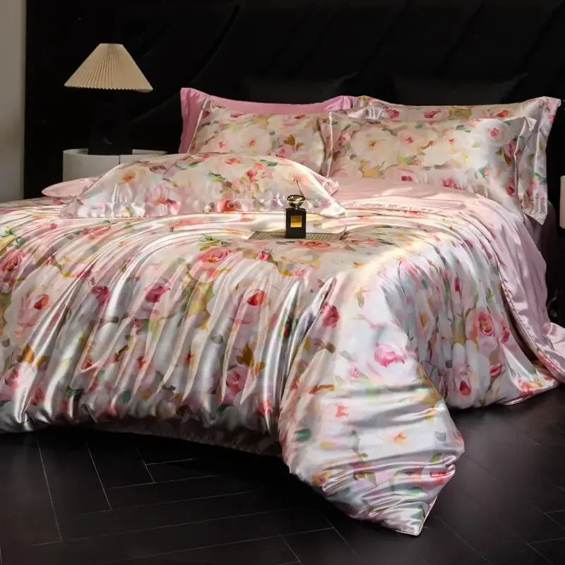 100% Natural Mulberry Silk Fitted Sheet Bedding Sets 3D Printed Satin Cooling Quilt Cover Set for Summer Single Double Bed Kit