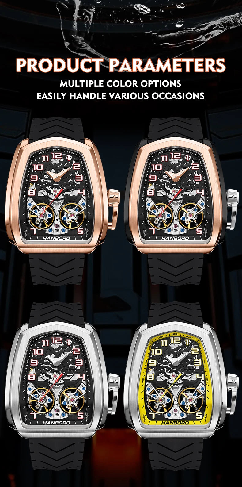 HANBORO fully automatic mechanical men's watch hollowed out wristwatch trend waterproof luminous watch