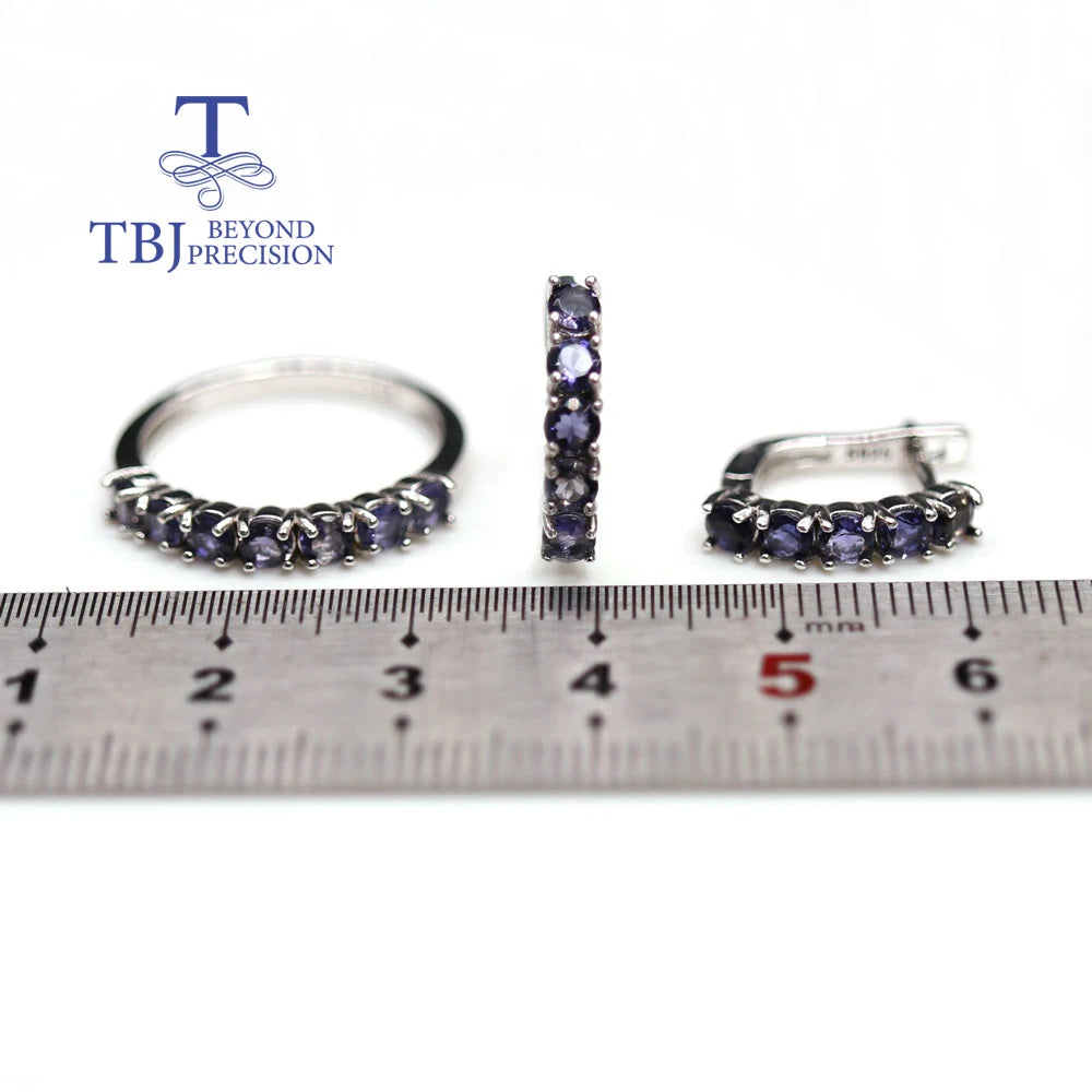 925 Sterling Silver Ring Earrings natural Iolite round 3.0mm set simple design suitable for everyday wear boutique jewelry