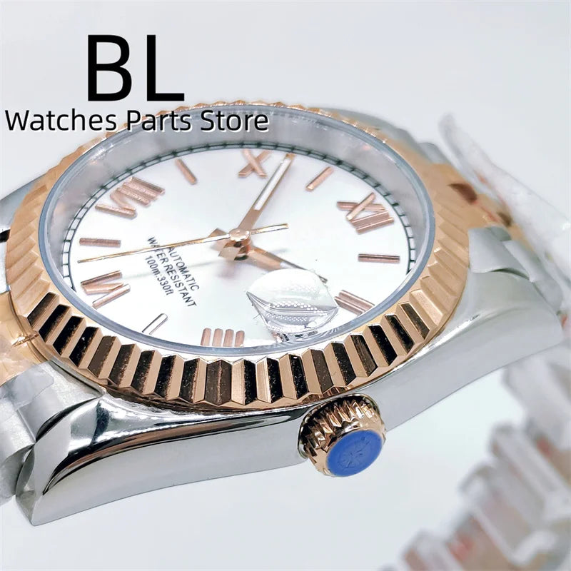 BLIGER 36mm39mm Two-tone Rose Gold Black Dial Watch For Men Date Fluted Bezel Sapphire Glass Rose Roman Index Jubille Bracelet