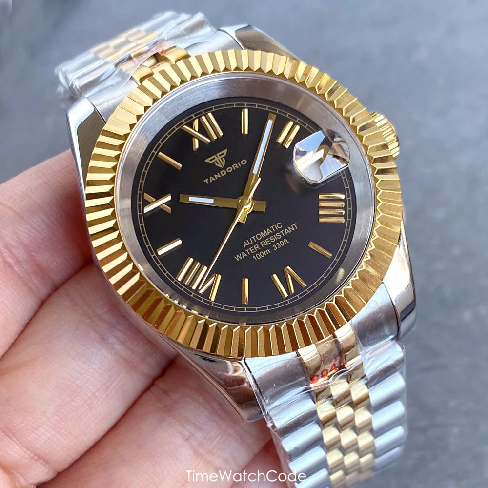 Montre automatique de luxe Tandorio Business pour homme, mouvement NH35A, cadran classique à chiffres romains, lunette cannelée, verre saphir, 36/39 mm