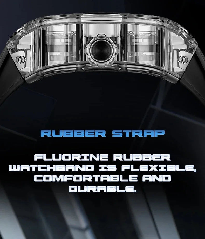 BONEST GATTI 2025 New Men Automatic Watch Tonneau Mechanical Wristwatch Acylic Case Sapphire Lume Hollow Out Dial Fluororubber